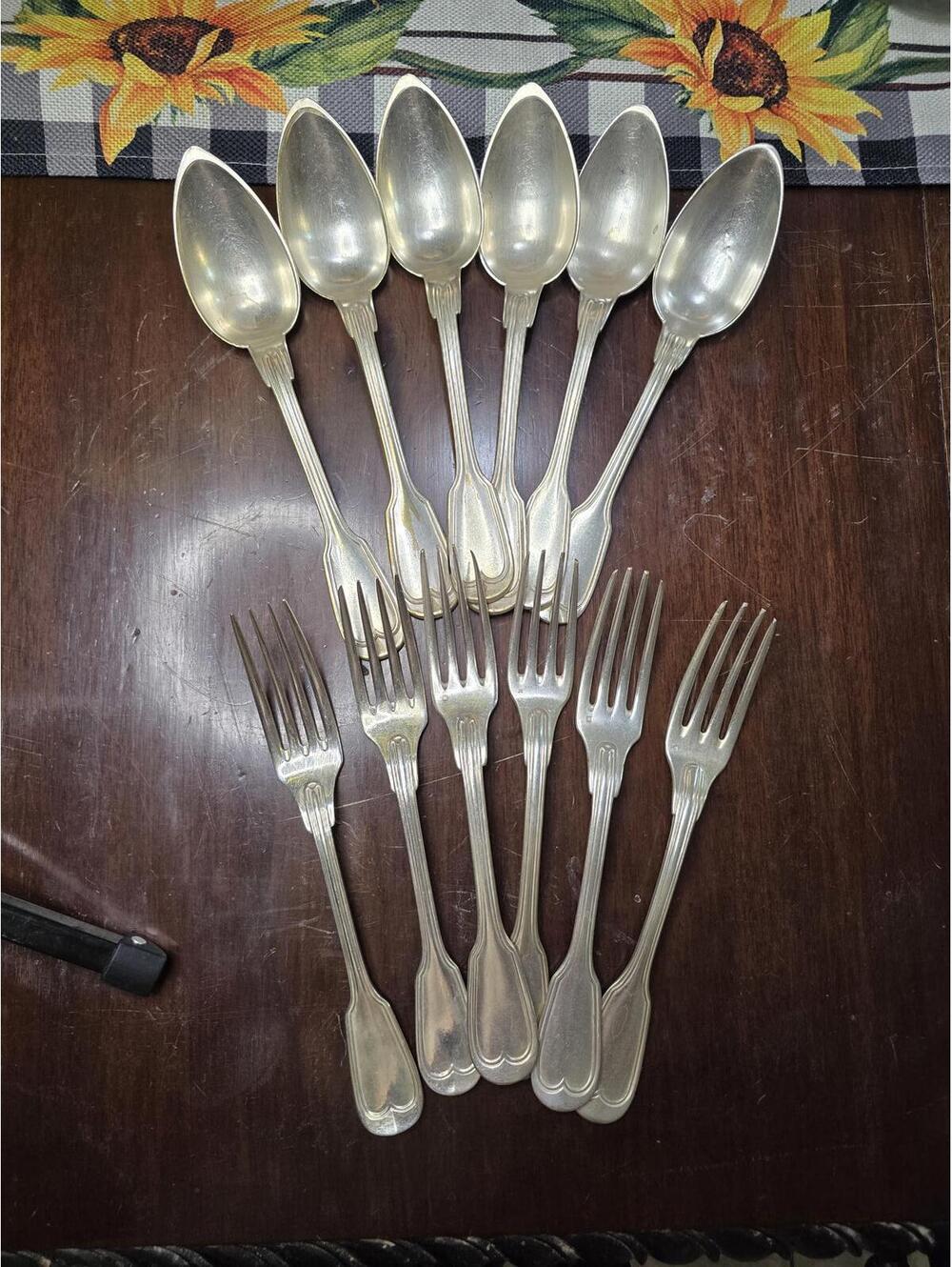Late 19th Century Christofle Set of 6 Each “Chinon” Silverplate Forks and Spoons